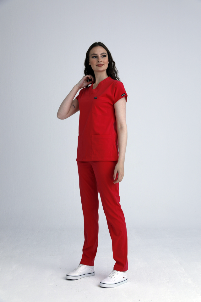 Scrubs | Kırmızı | Terikoton | Alt & Üst Üniforma Takımı | Balform